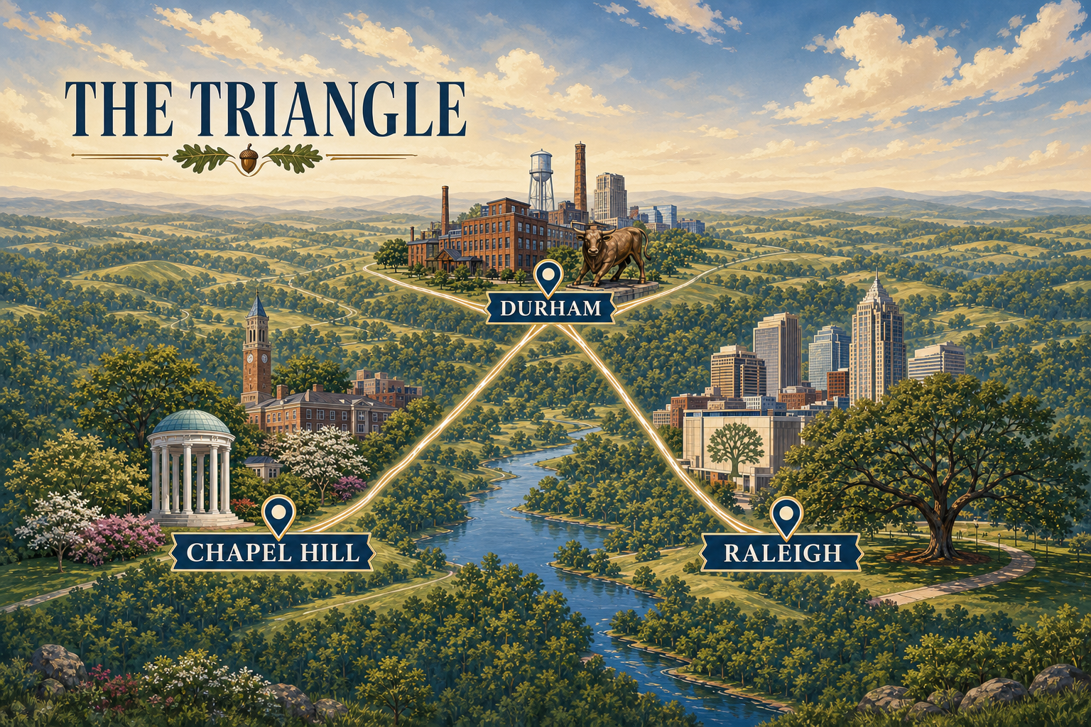 Illustrated map connecting Chapel Hill, Durham, and Raleigh in North Carolina.