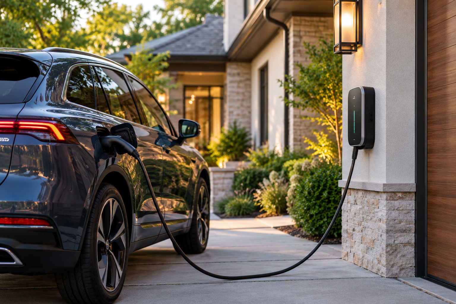 Black electric SUV charging outside a modern house, with a cable connected to the wall charger.