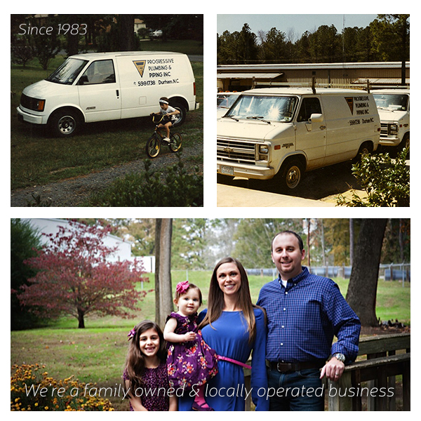 Collage of a family, two camper vans, and a cyclist advertising a locally operated business.