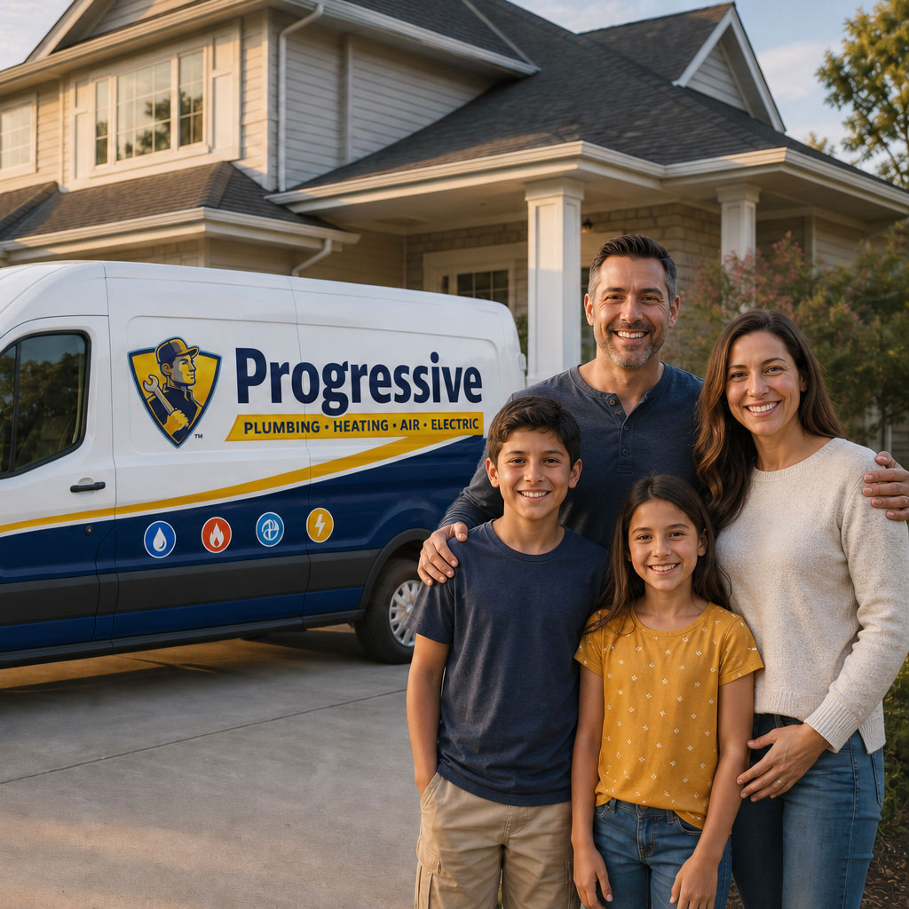 Smiling family posing beside a Progressive insurance van outside a suburban home.